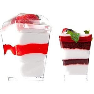 Square Plastic Dessert Cups with Plastic Spoons .